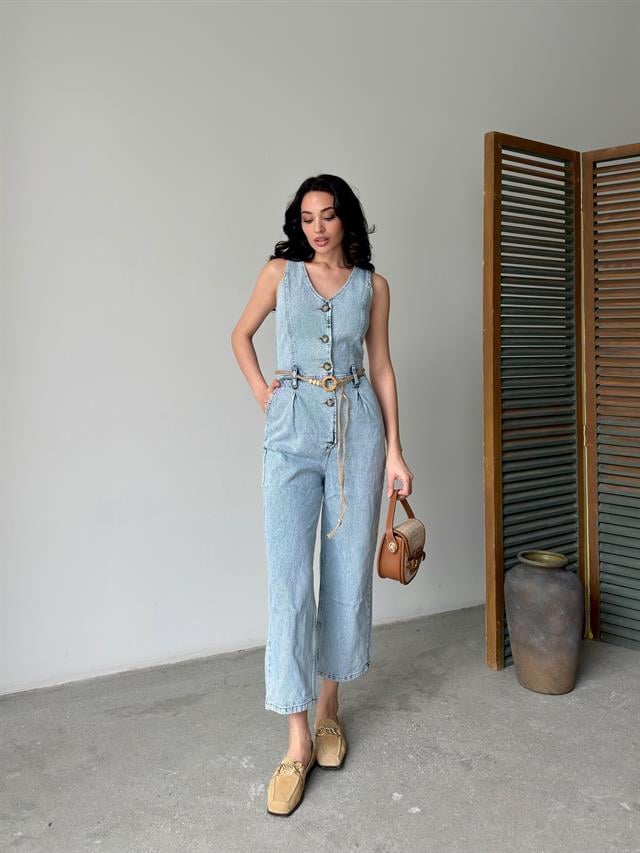 Buz Mavi Düğmeli  Kolsuz Denim TulumTulumST5680-037