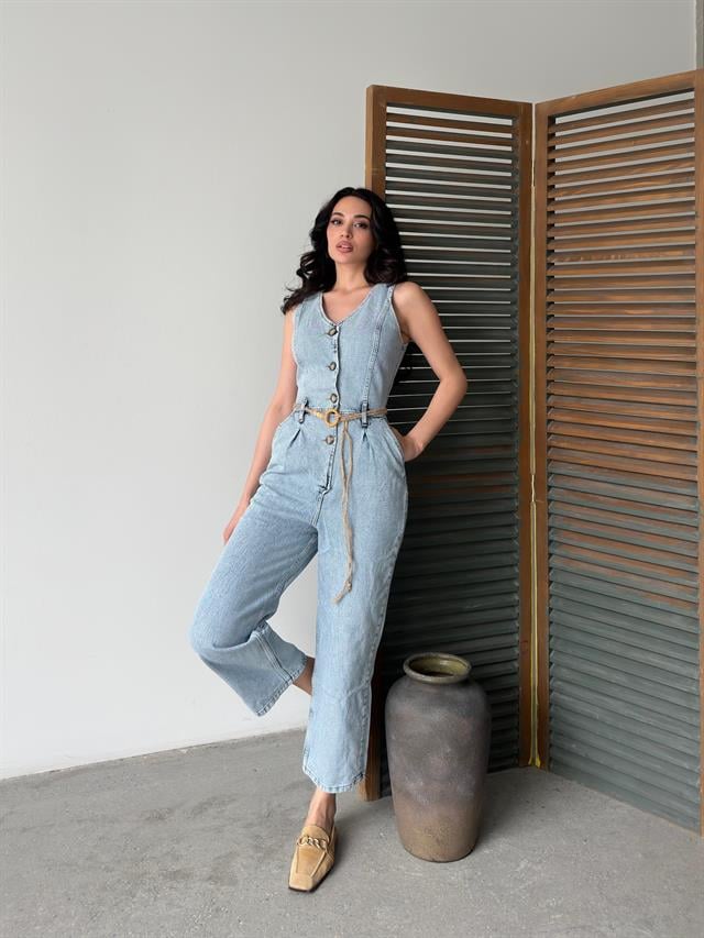 Buz Mavi Düğmeli  Kolsuz Denim TulumTulumST5680-037