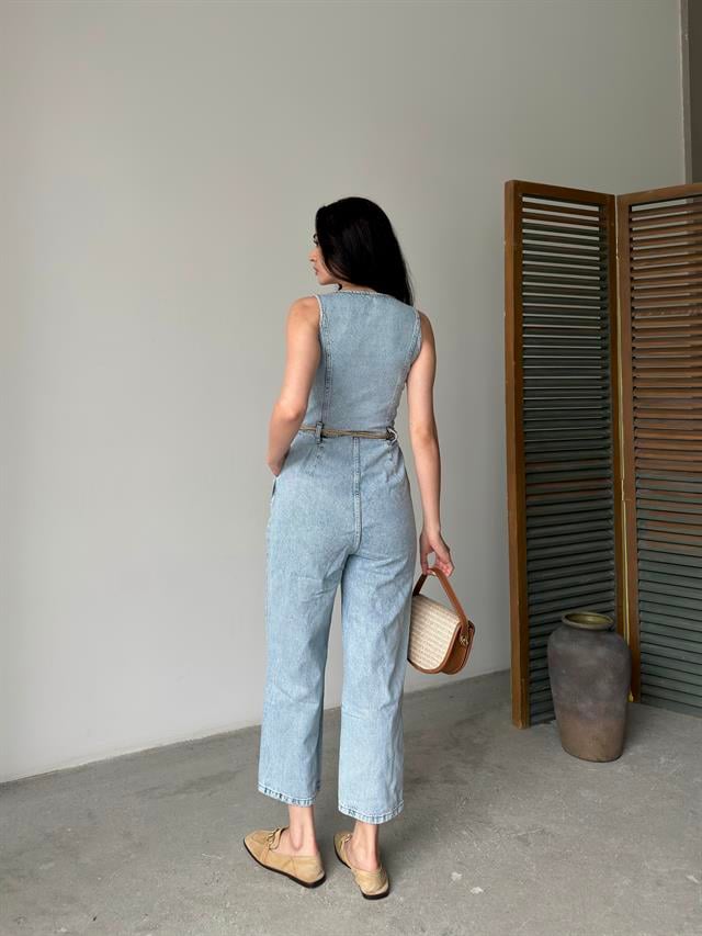 Buz Mavi Düğmeli  Kolsuz Denim TulumTulumST5680-037