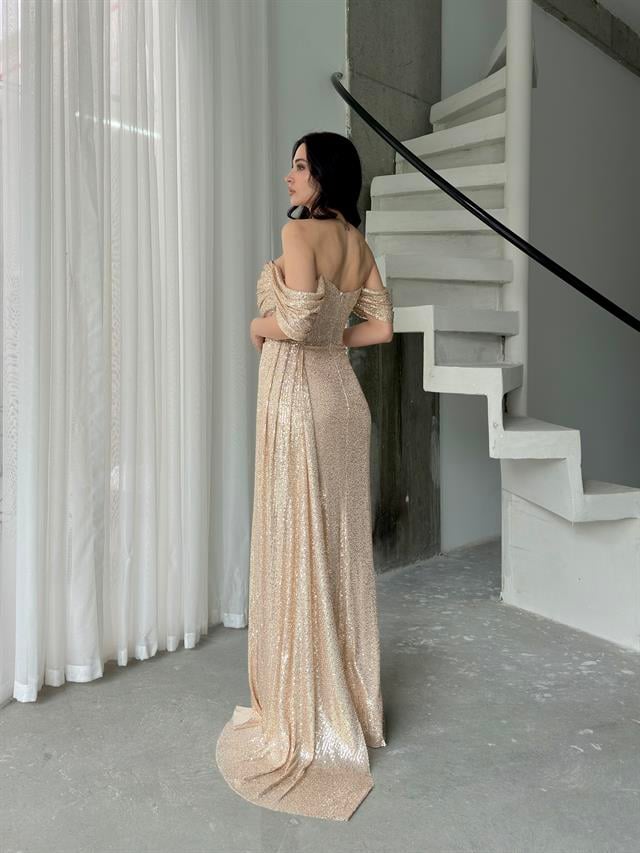Gold Düşük Kol Pul Payet Abiye ElbiseAbiye & Mezuniyet ElbisesiST5560-1065TİCİMAX