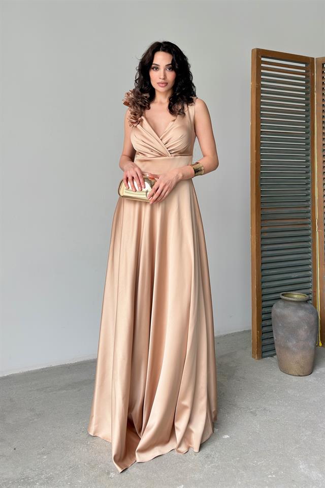 Gold Kruvaze Yaka Omuz Detaylı Saten Abiye ElbiseAbiye & Mezuniyet ElbisesiST5632-1037