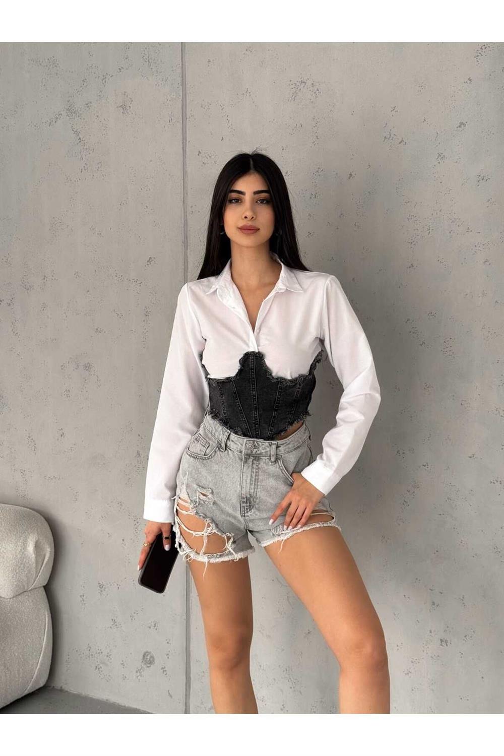 Jean Detaylı Korseli Gömlek