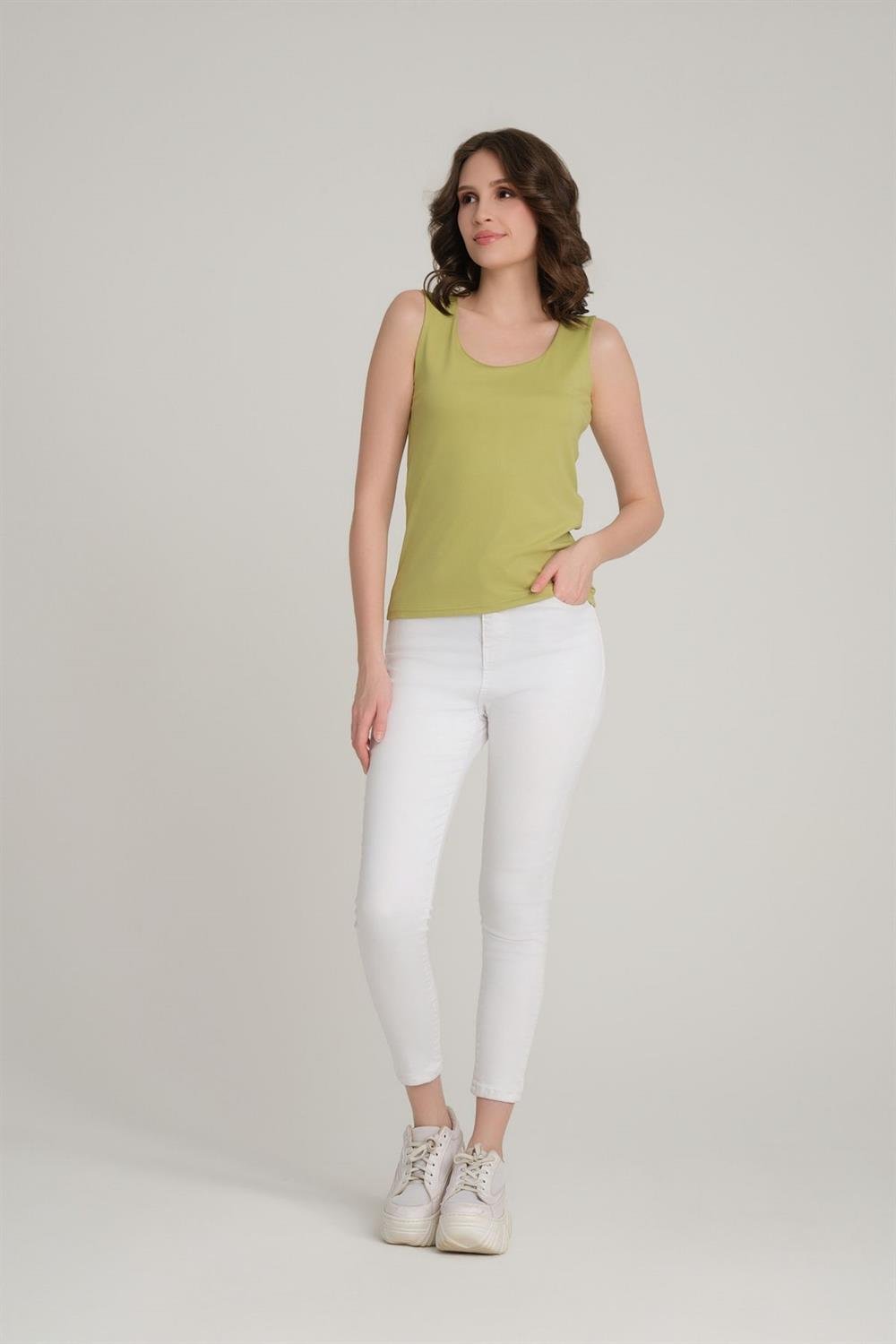 Kalın Askılı Basic Bluz Olive