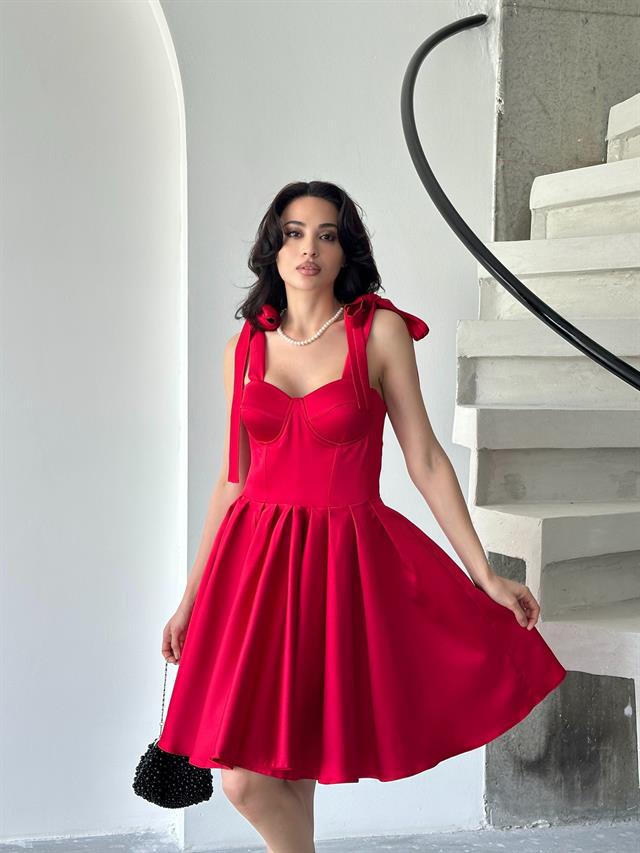Kırmızı Büstiyer Detaylı Askılı Saten Abiye ElbiseAbiye & Mezuniyet ElbisesiST5544-1004