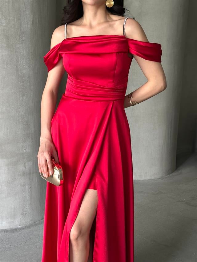 Kırmızı Taş Askılı Düşük Kol Saten AbiyeAbiye & Mezuniyet ElbisesiST5643-6118