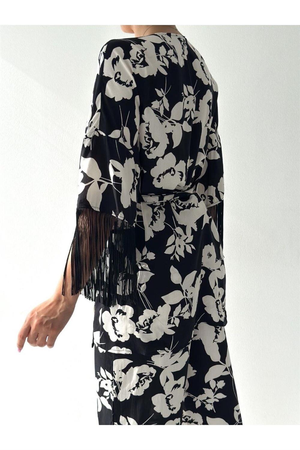 Kolları Saçaklı Önü Bağlamalı Premium Dokuma Kimono Takım
