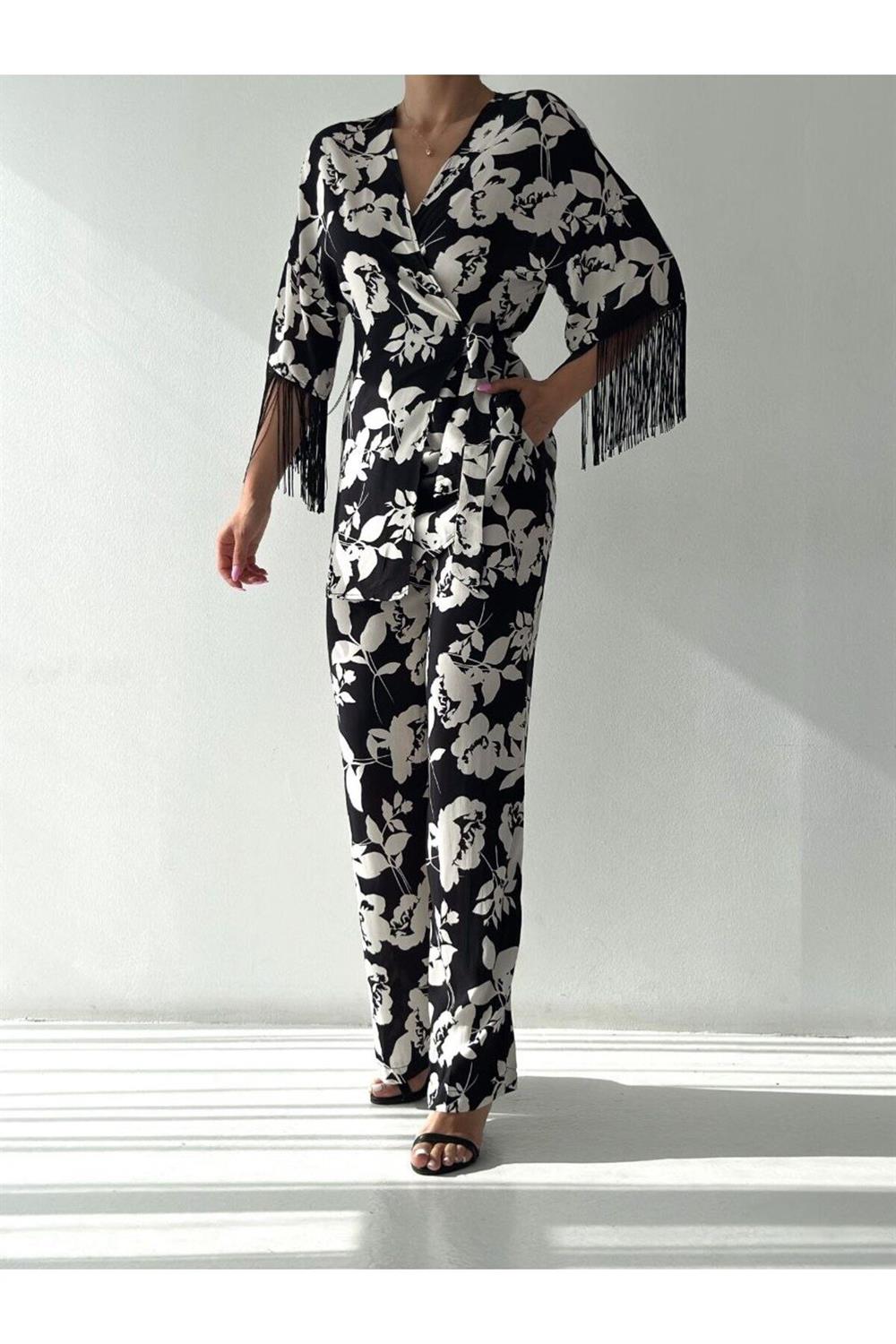 Kolları Saçaklı Önü Bağlamalı Premium Dokuma Kimono Takım