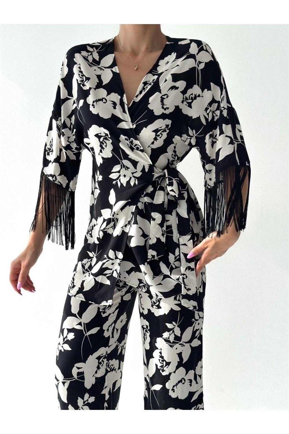 Kolları Saçaklı Önü Bağlamalı Premium Dokuma Kimono Takım