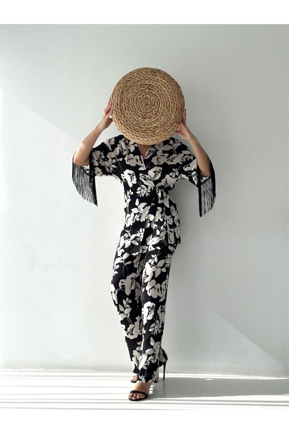 Kolları Saçaklı Önü Bağlamalı Premium Dokuma Kimono Takım