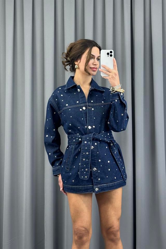 Lacivert Drop Çakımlı Kuşaklı Denim CeketCeketST-5370-5808TİCİMAX