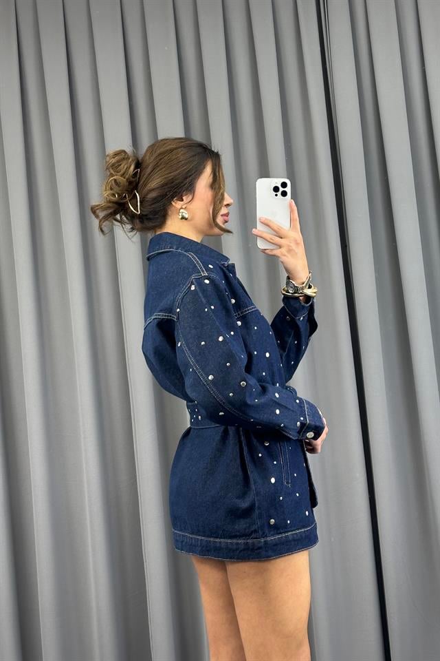 Lacivert Drop Çakımlı Kuşaklı Denim CeketCeketST-5370-5808TİCİMAX