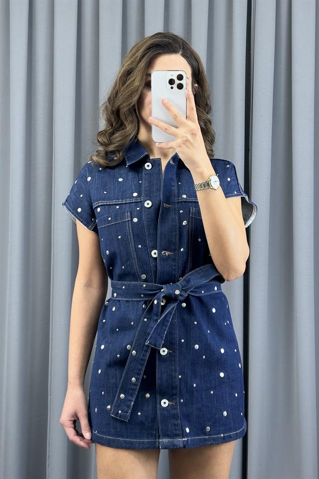 Lacivert Drop Çakımlı Kuşaklı Denim YelekYelekST5400-9088TİCİMAX
