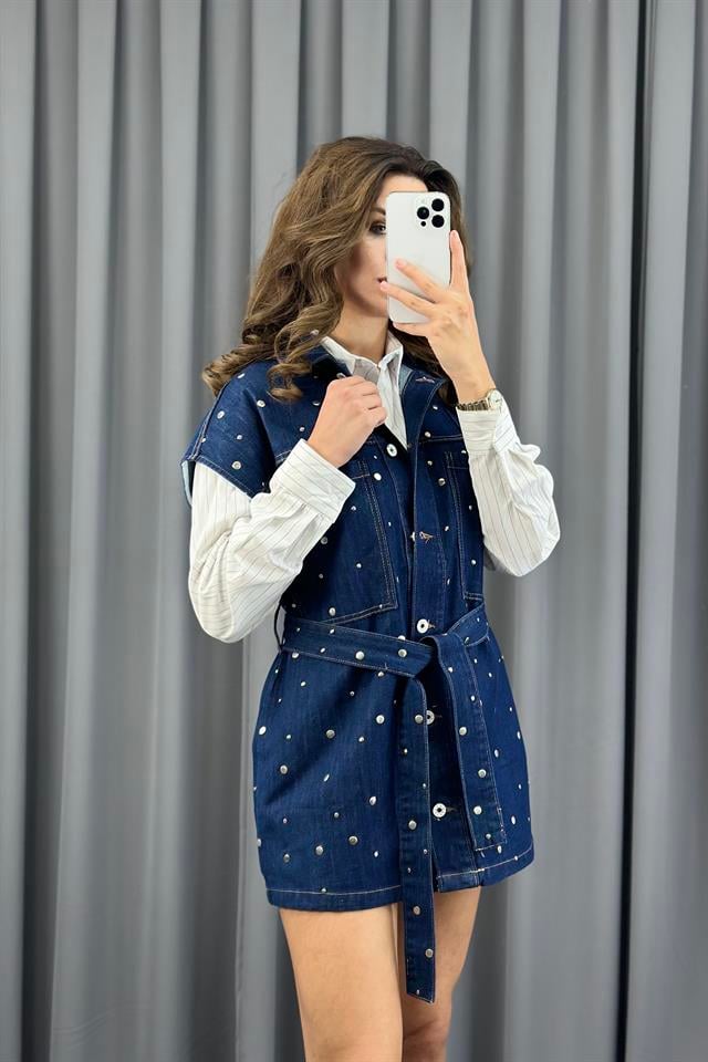Lacivert Drop Çakımlı Kuşaklı Denim YelekYelekST5400-9088TİCİMAX