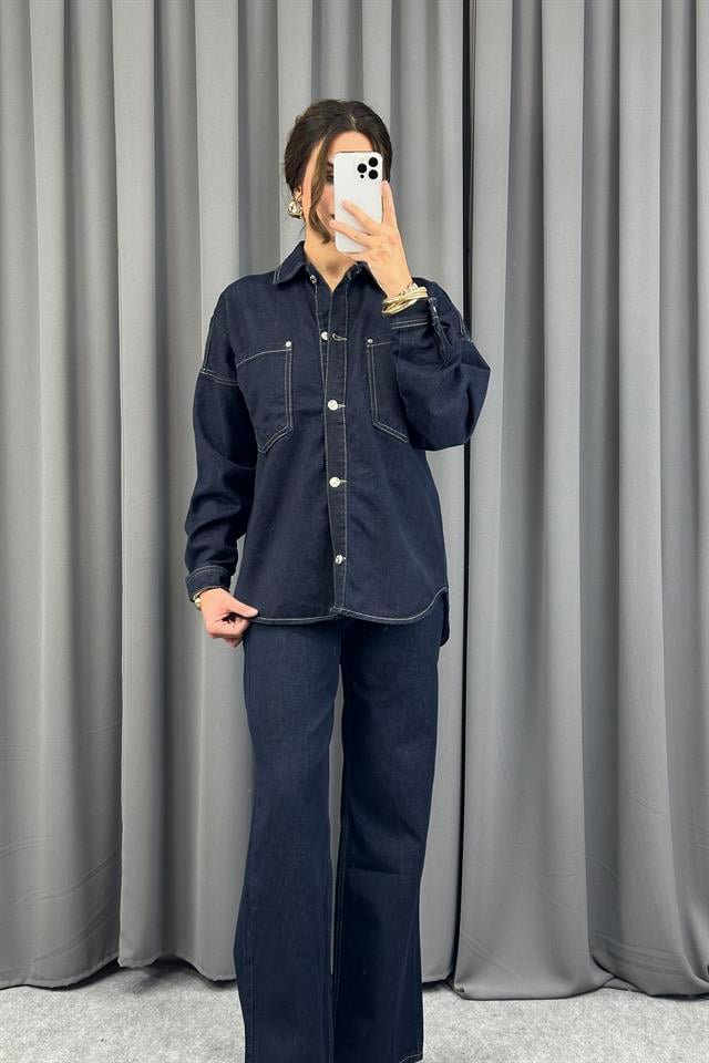 Lacivert Önü Düğmeli Cepli Oversize Denim CeketCeketST-5360-5669TİCİMAX