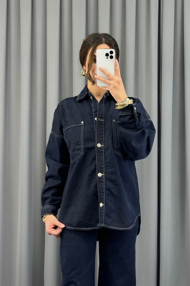 Lacivert Önü Düğmeli Cepli Oversize Denim CeketCeketST-5360-5669TİCİMAX
