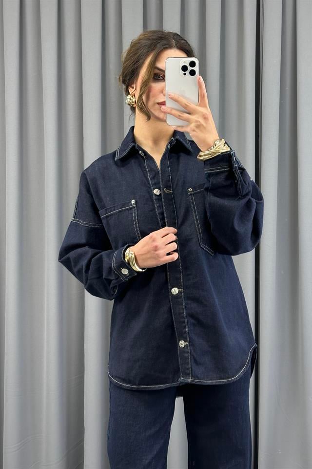 Lacivert Önü Düğmeli Cepli Oversize Denim CeketCeketST-5360-5669TİCİMAX