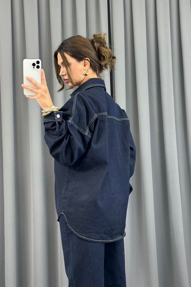 Lacivert Önü Düğmeli Cepli Oversize Denim CeketCeketST-5360-5669TİCİMAX