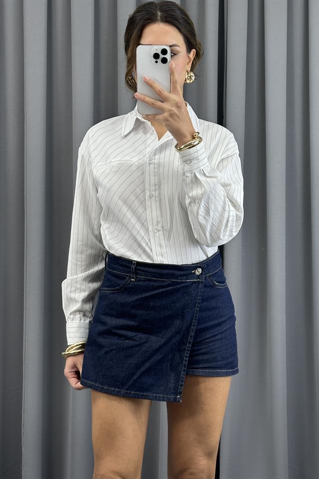 Lacivert Önü Düğmeli Fermuarlı Denim Kot ŞortEtekST5320-1190TİCİMAX