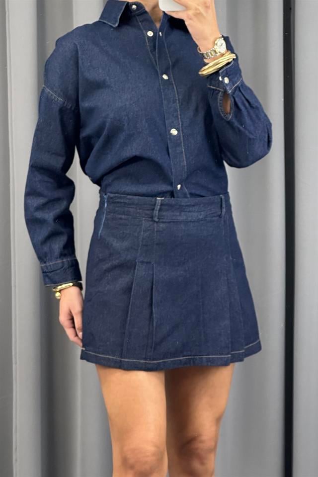 Lacivert Pileli Yandan Fermuarlı Denim Kot ŞortEtekST5310-1171TİCİMAX