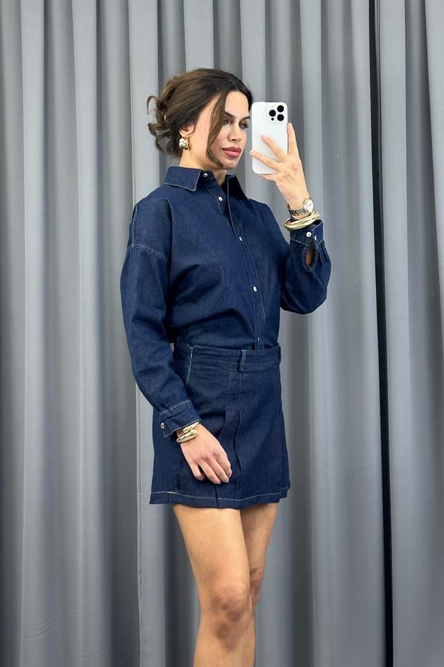 Lacivert Pileli Yandan Fermuarlı Denim Kot ŞortEtekST5310-1171TİCİMAX