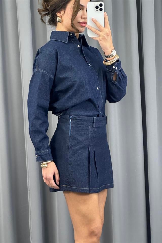 Lacivert Pileli Yandan Fermuarlı Denim Kot ŞortEtekST5310-1171TİCİMAX