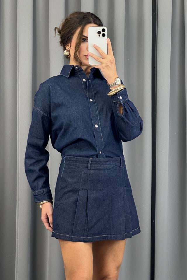 Lacivert Pileli Yandan Fermuarlı Denim Kot ŞortEtekST5310-1171TİCİMAX