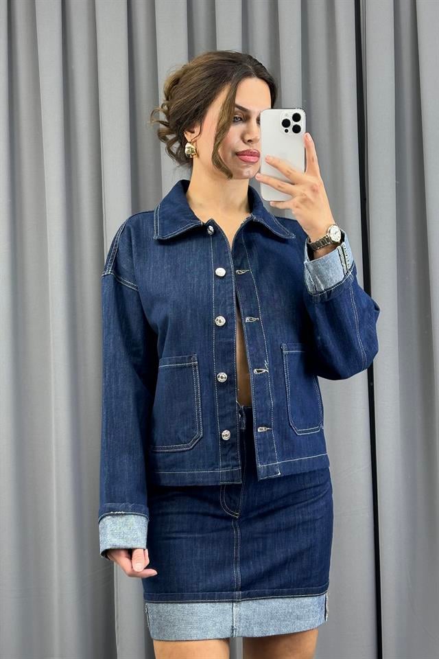 Lacivert Rins Yıkama Cepli Denim CeketCeketST5390-5829TİCİMAX