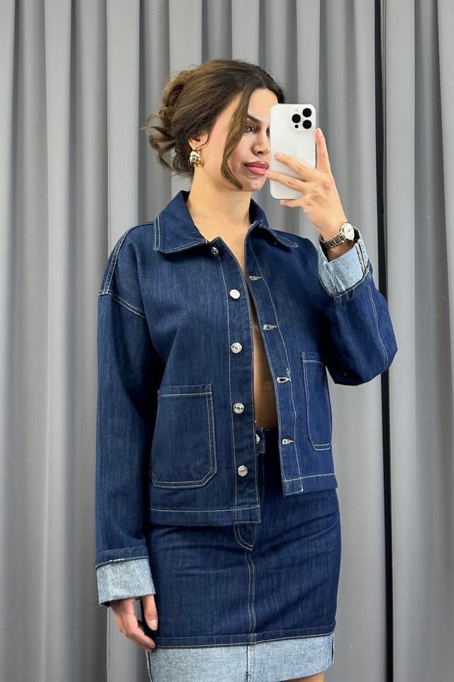 Lacivert Rins Yıkama Cepli Denim CeketCeketST5390-5829TİCİMAX