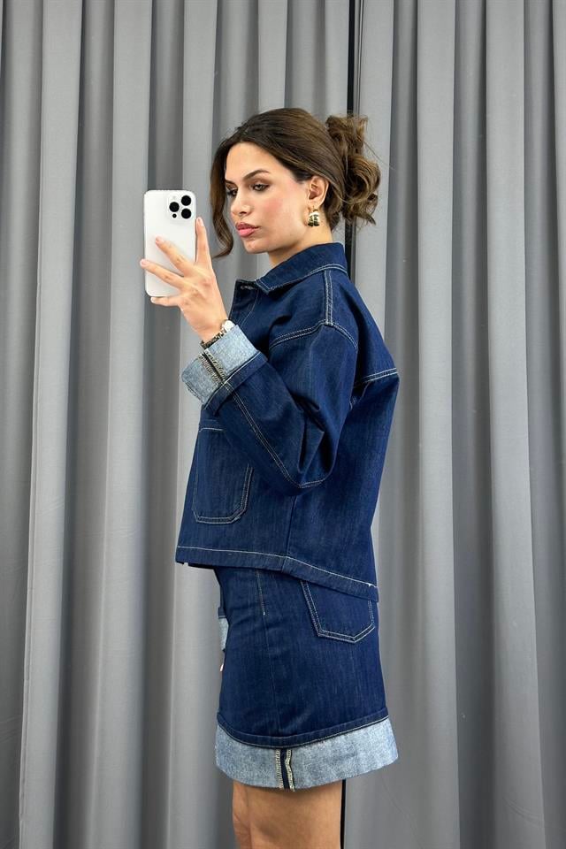 Lacivert Rins Yıkama Cepli Denim CeketCeketST5390-5829TİCİMAX