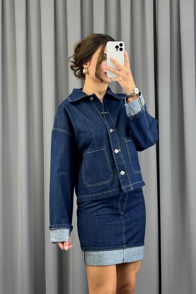 Lacivert Rins Yıkama Cepli Denim CeketCeketST5390-5829TİCİMAX