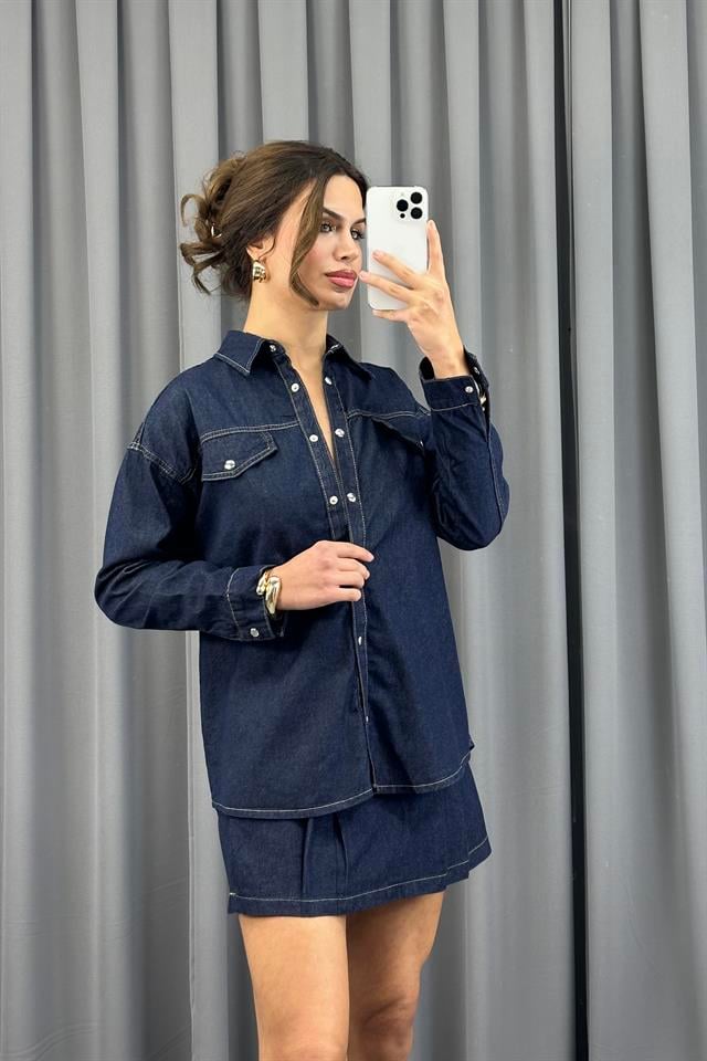 Lacivert Rins Yıkama Oversize Denim GömlekGömlekST5350-4955TİCİMAX