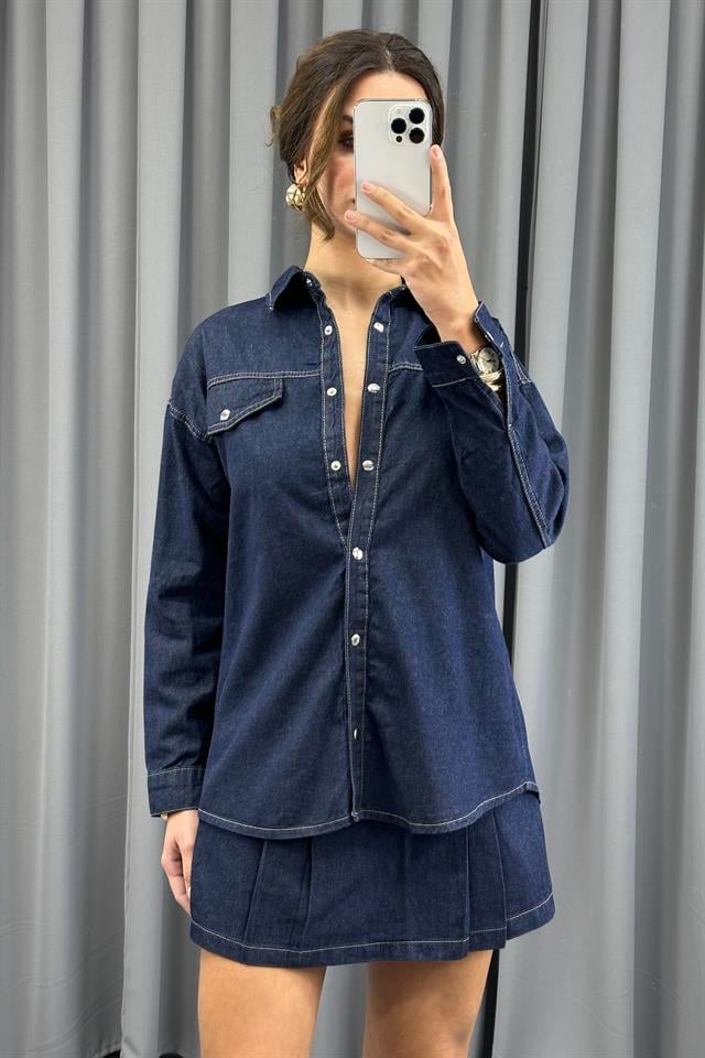 Lacivert Rins Yıkama Oversize Denim GömlekGömlekST5350-4955TİCİMAX