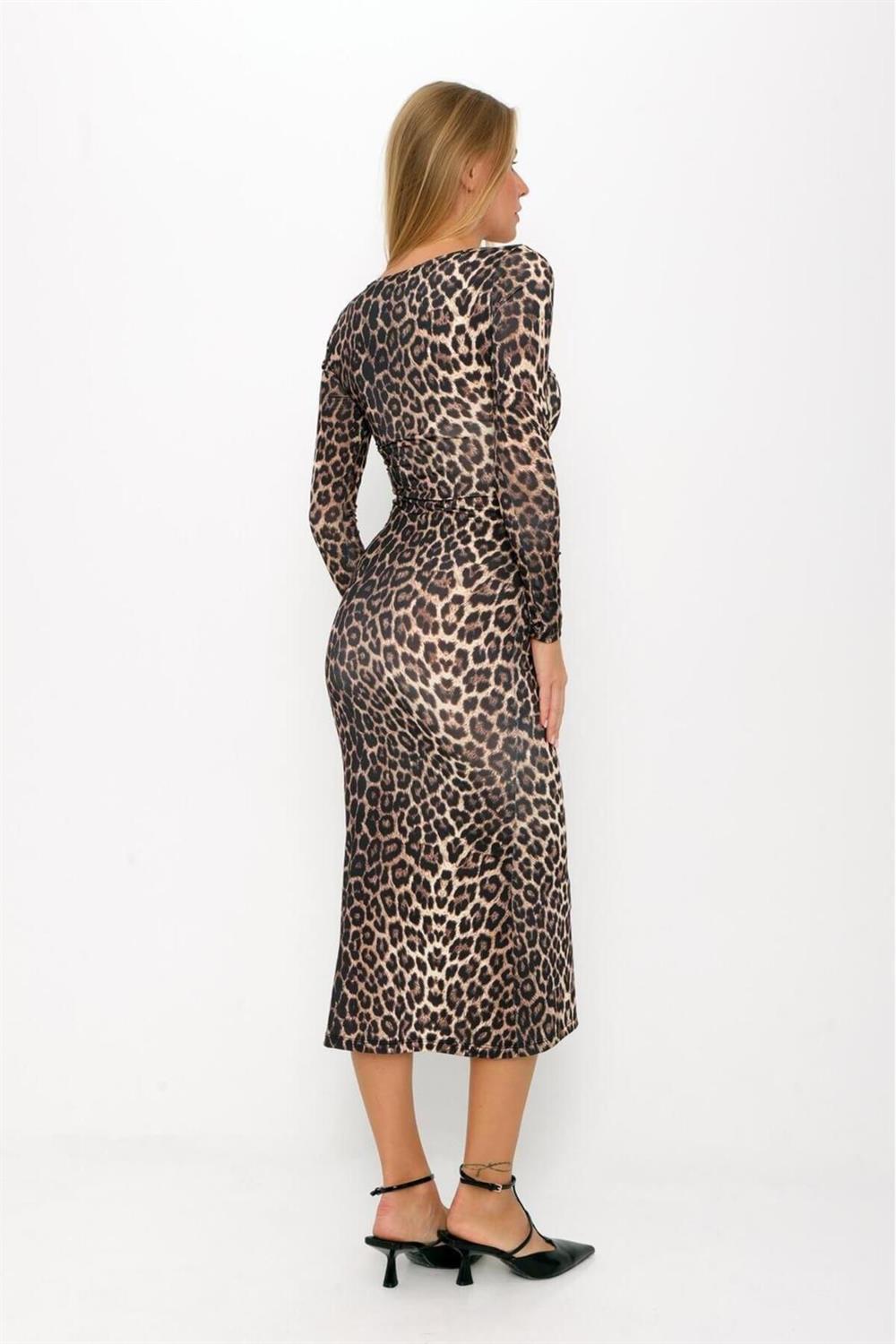 Leopar Desenli U Yaka Slim Elbise