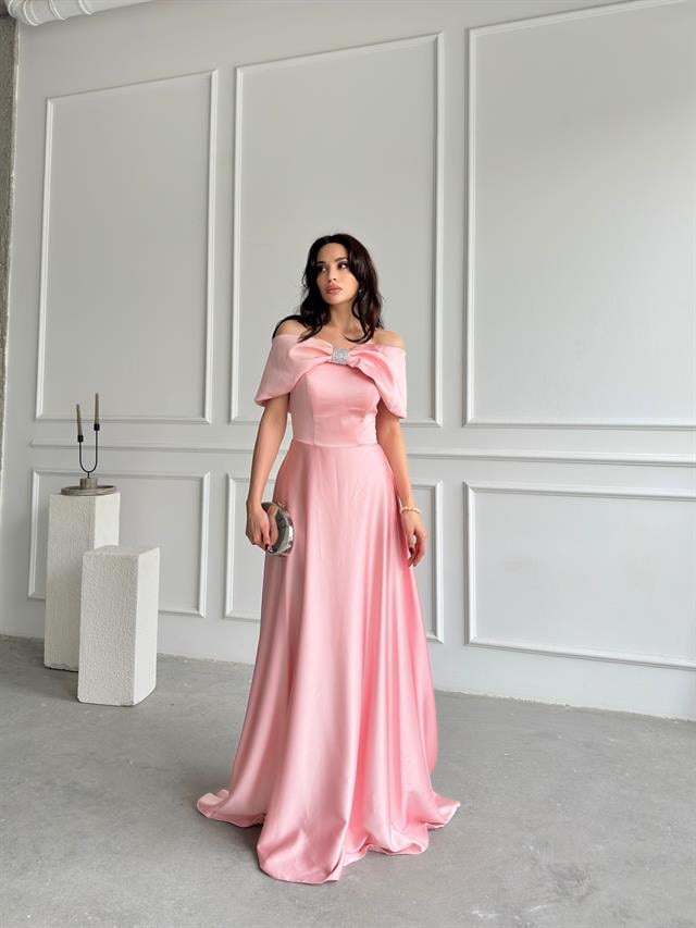 Pudra Önü Taşlı Fiyonk Detaylı AbiyeAbiye & Mezuniyet ElbisesiST55301-1035