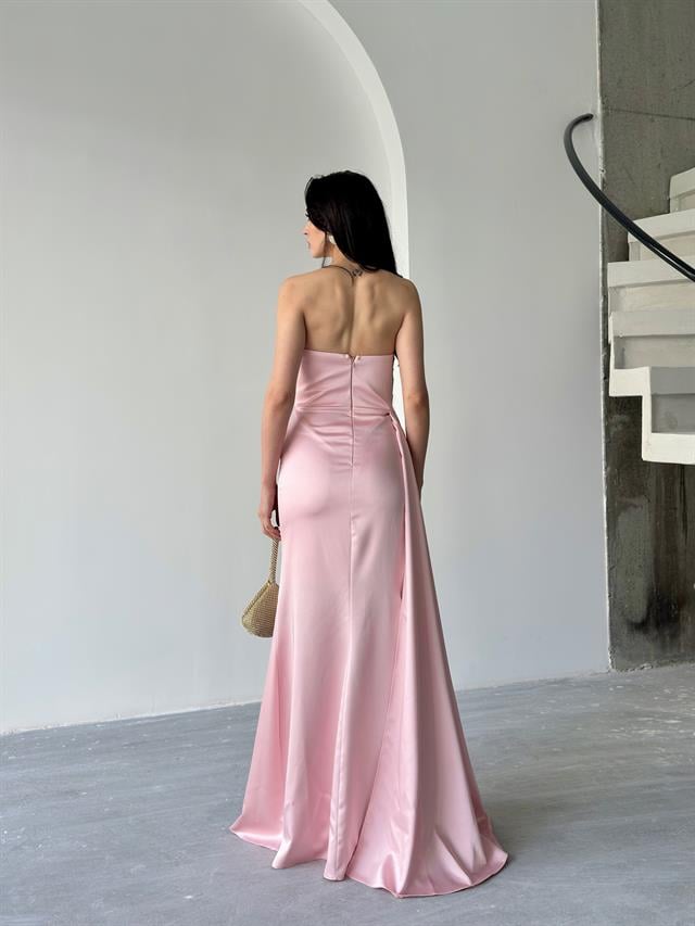Pudra Straplez Drapeli Saten Abiye ElbiseAbiye & Mezuniyet ElbisesiST5566-7209
