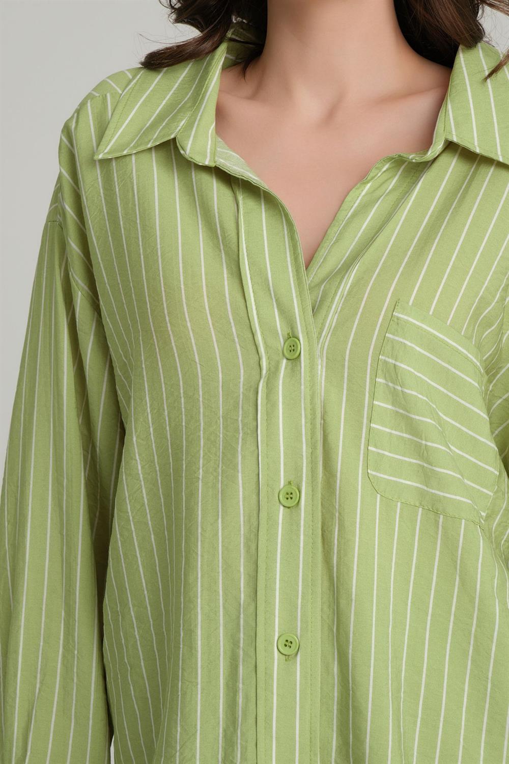 Relaxed Fit Çizgili Uzun Kol Gömlek Olive