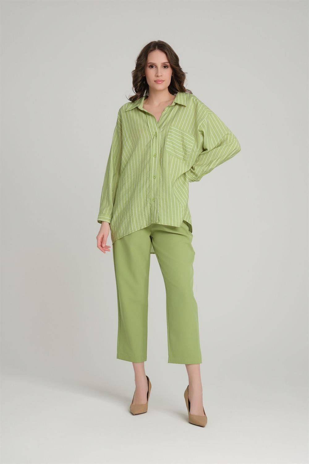 Relaxed Fit Çizgili Uzun Kol Gömlek Olive