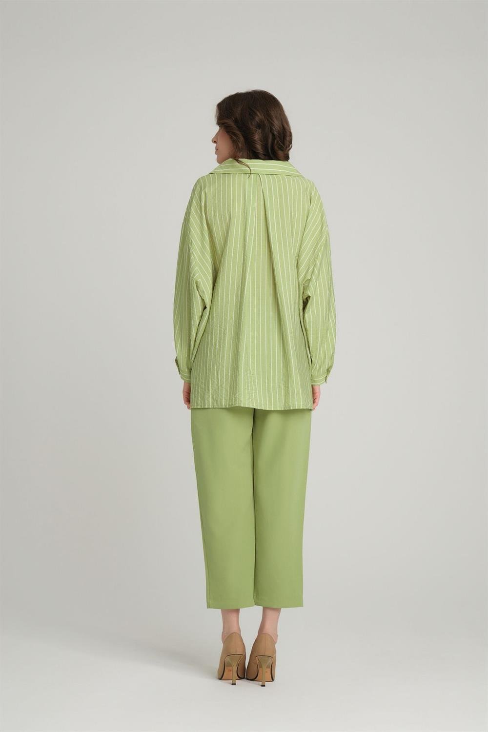 Relaxed Fit Çizgili Uzun Kol Gömlek Olive