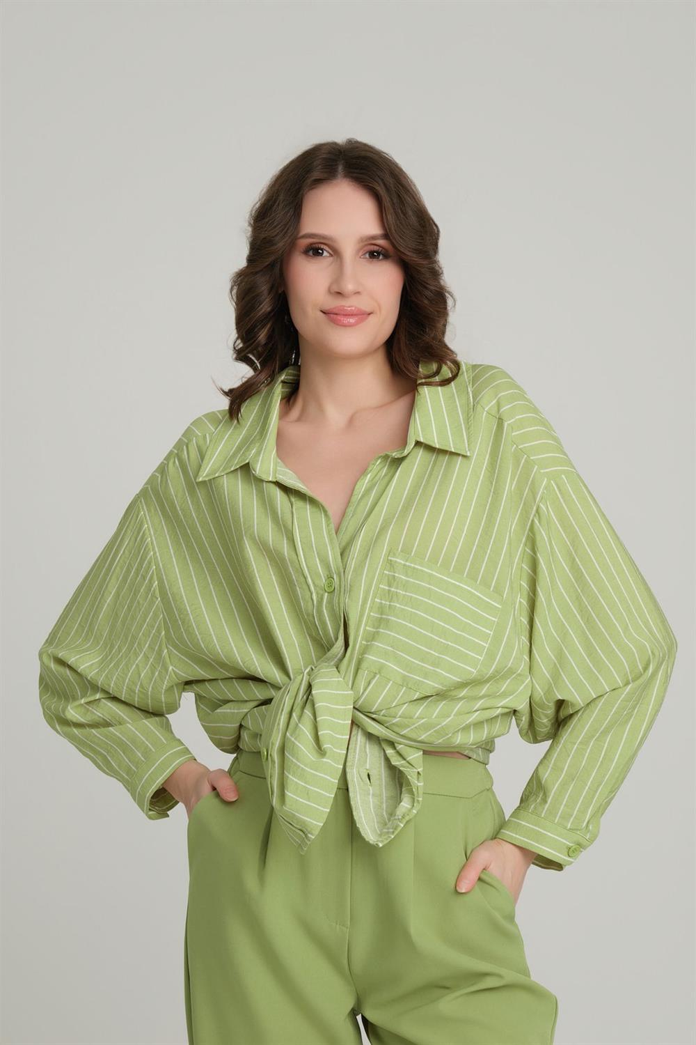 Relaxed Fit Çizgili Uzun Kol Gömlek Olive