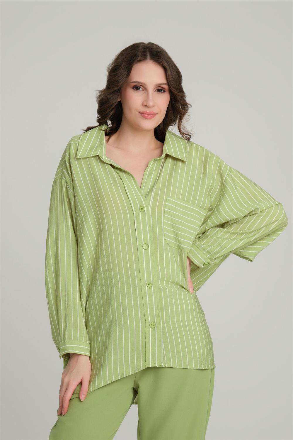 Relaxed Fit Çizgili Uzun Kol Gömlek Olive