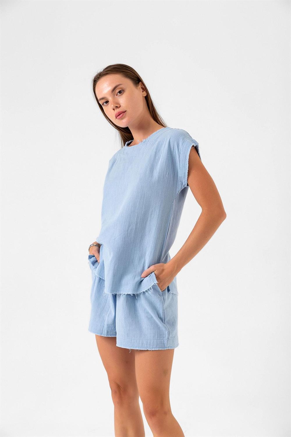 Relaxed Fit Tişört Şort Keten Takım