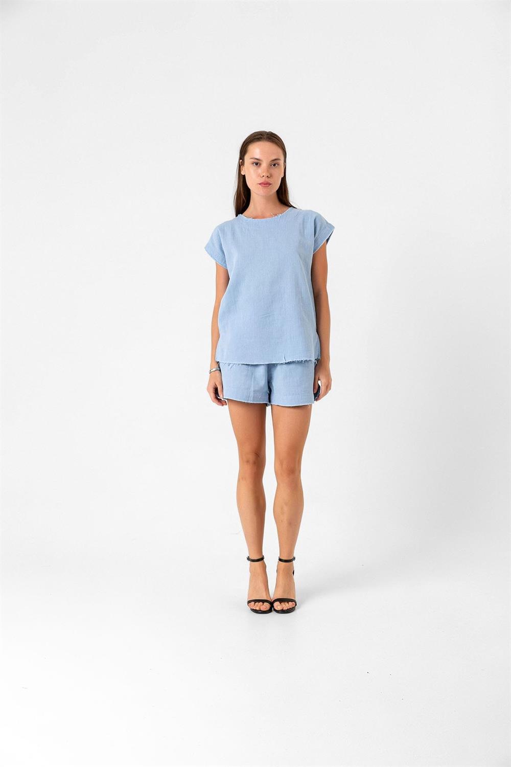 Relaxed Fit Tişört Şort Keten Takım