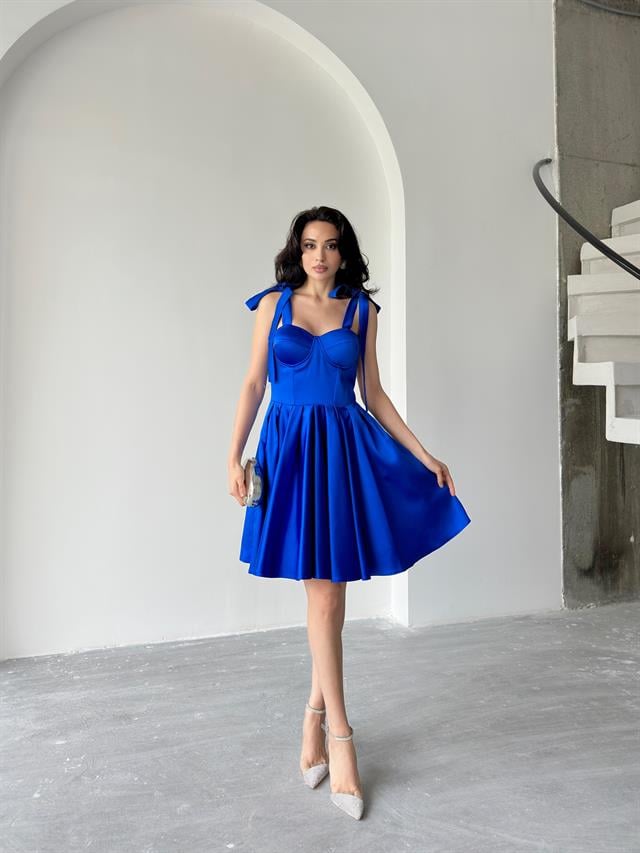 Saks Mavi Büstiyer Detaylı Askılı Saten Abiye ElbiseAbiye & Mezuniyet ElbisesiST5547-1004