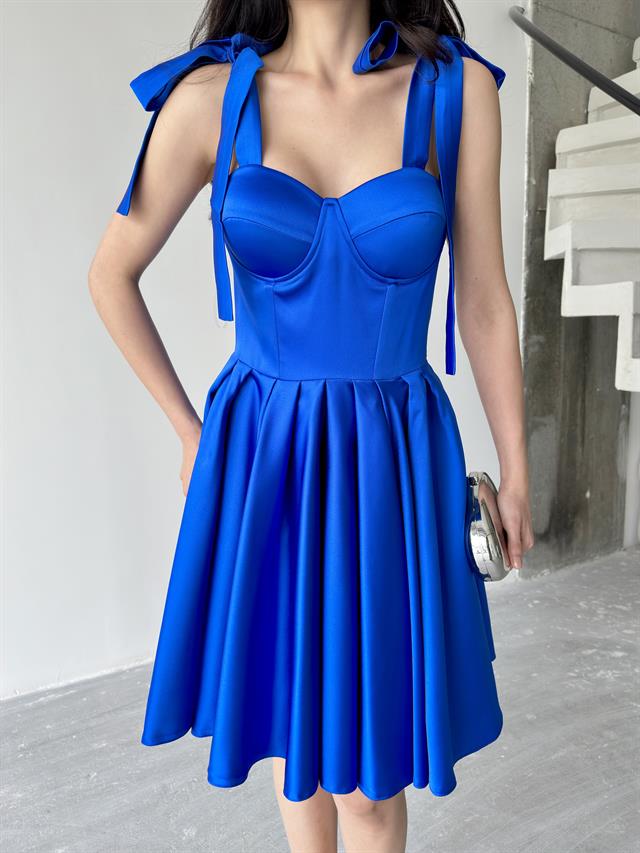 Saks Mavi Büstiyer Detaylı Askılı Saten Abiye ElbiseAbiye & Mezuniyet ElbisesiST5547-1004