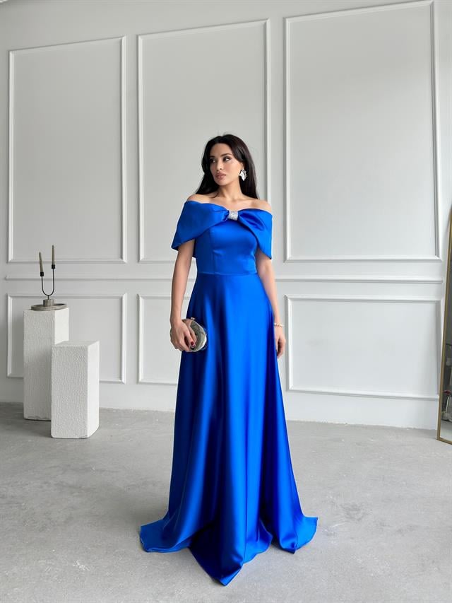 Saks Mavi Önü Taşlı Fiyonk Detaylı AbiyeAbiye & Mezuniyet ElbisesiST55302-1035