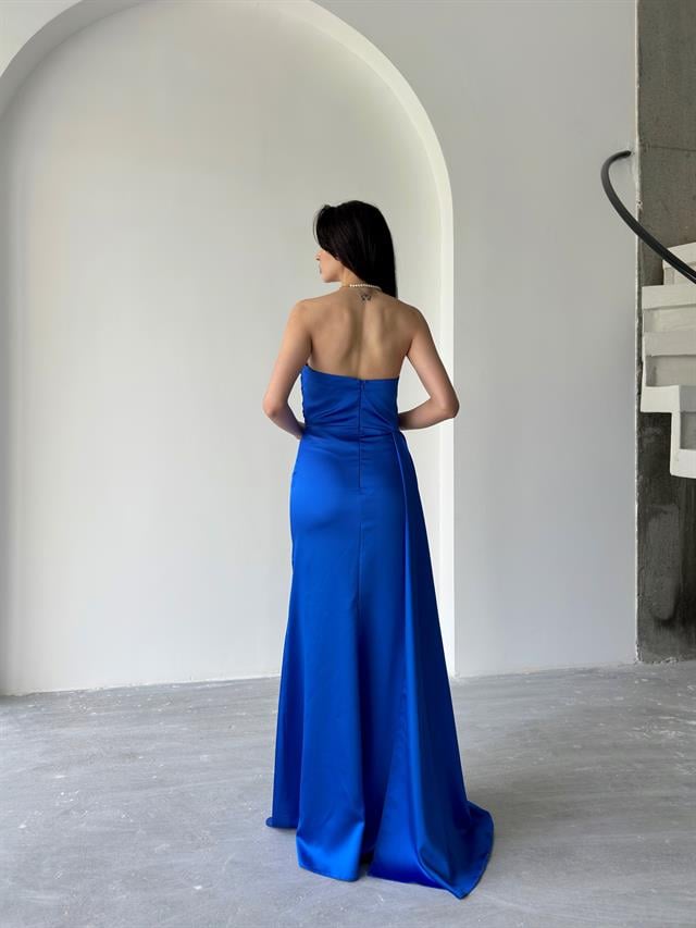 Saks Mavi Straplez Drapeli Saten Abiye ElbiseAbiye & Mezuniyet ElbisesiST5567-7209