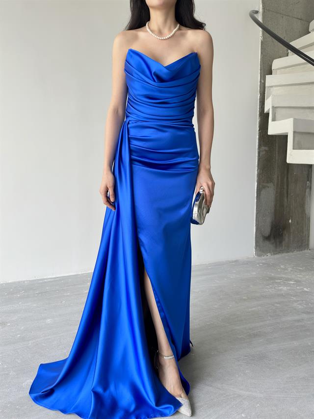 Saks Mavi Straplez Drapeli Saten Abiye ElbiseAbiye & Mezuniyet ElbisesiST5567-7209