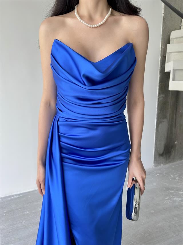 Saks Mavi Straplez Drapeli Saten Abiye ElbiseAbiye & Mezuniyet ElbisesiST5567-7209
