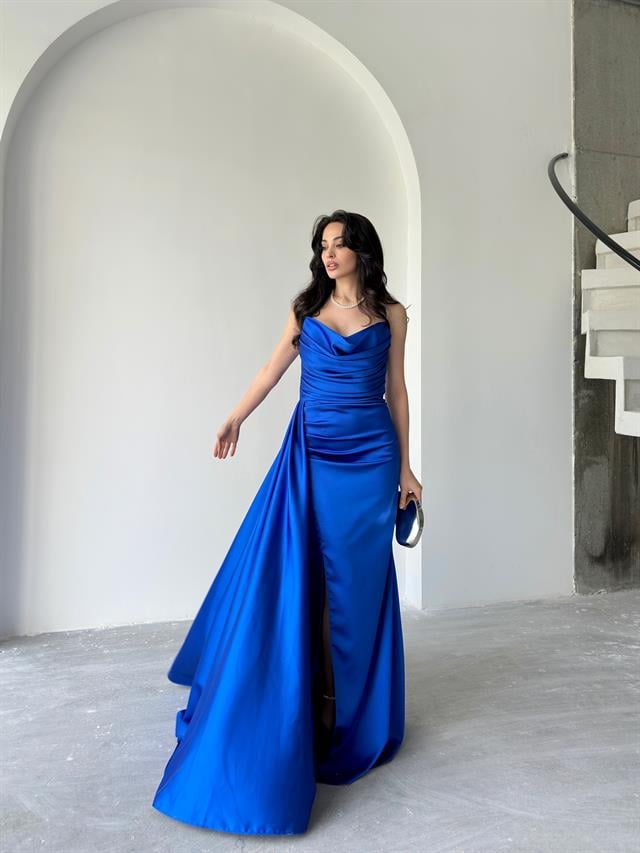 Saks Mavi Straplez Drapeli Saten Abiye ElbiseAbiye & Mezuniyet ElbisesiST5567-7209