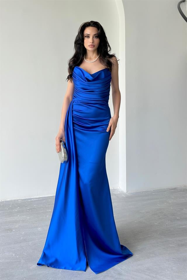 Saks Mavi Straplez Drapeli Saten Abiye ElbiseAbiye & Mezuniyet ElbisesiST5567-7209